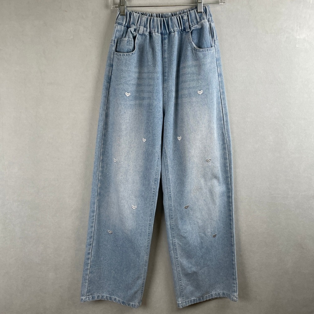 Light Wash Heart Embroidered Wide Leg Jeans Elastic Waist Girls Coquette 15-16Y